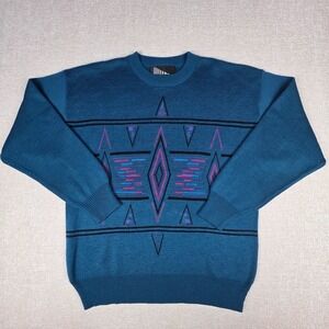 VTG Inside Edge Geometric Aztec Crewneck Sweater Mens M Teal Blue Wool Blend